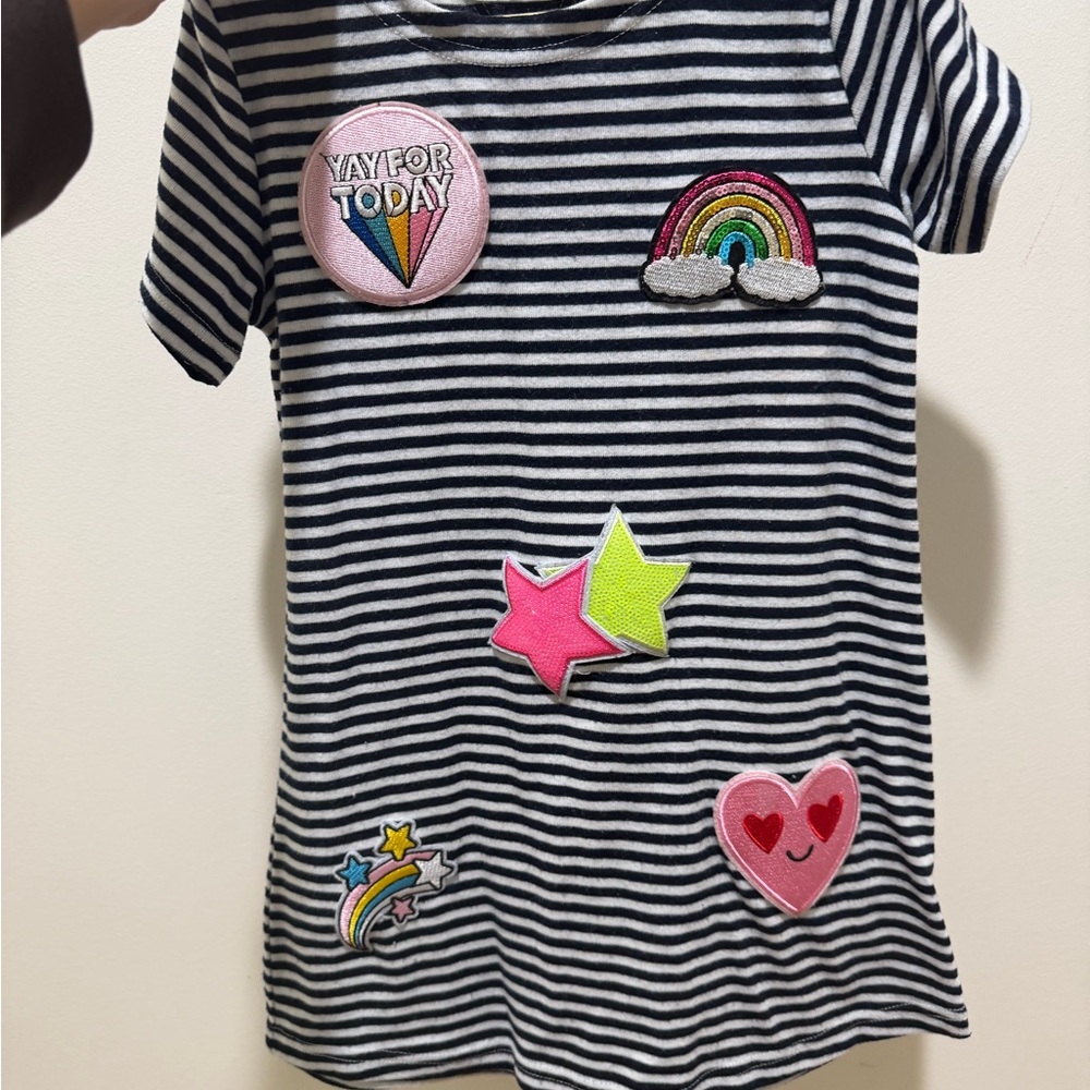 Lola + The Boys Black and White Striped Tee with Colorful Patches